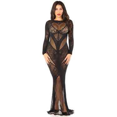 Elegant Lace and Net Bodycon Gown Black showcasing intricate lace detailing, embodying luxury and sophistication as a perfect lace bodycon gown.